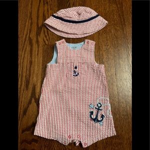 LIKE NEW Little Me Seersucker Anchor Shortall, Hat